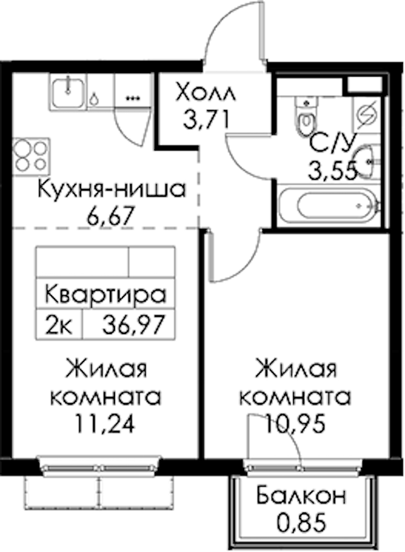 1-комнатная квартира 36.97 м², 7/15 эт., ЖК «Янинский лес»